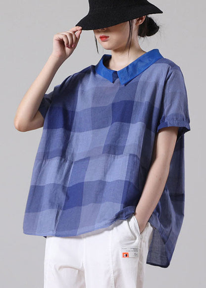 Blue Peter Pan Collar Plaid Patchwork Button Cotton Shirt Top Short Sleeve