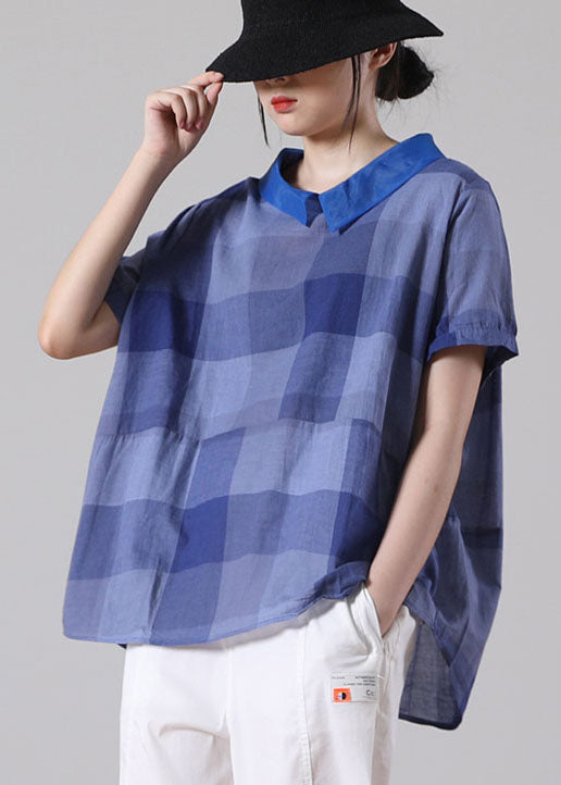 Blue Peter Pan Collar Plaid Patchwork Button Cotton Shirt Top Short Sleeve