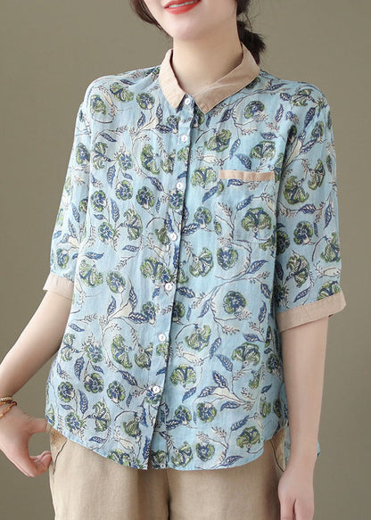 Blue Peter Pan Collar Print Patchwork Linen Shirts Summer
