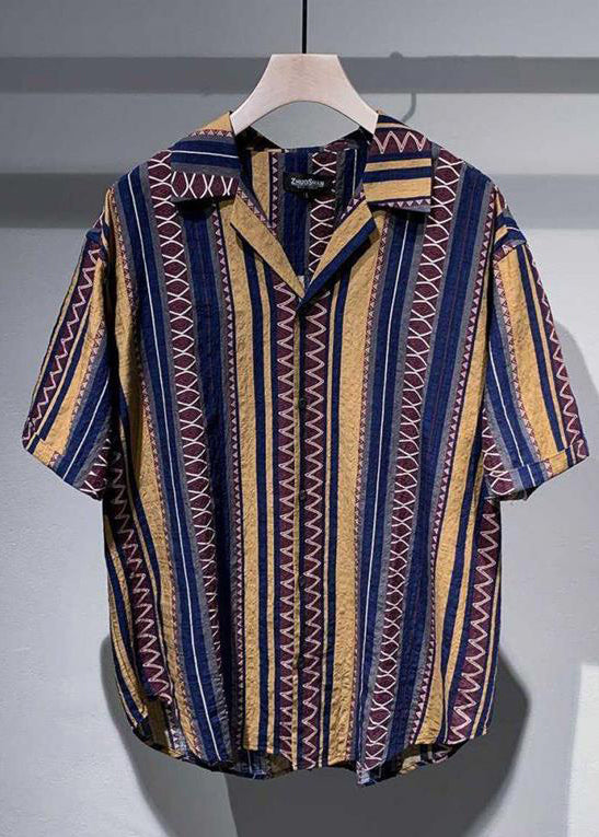 Blue Peter Pan Collar Striped Cotton Shirt Summer