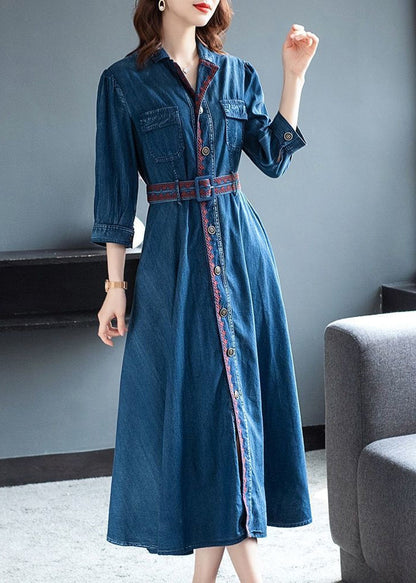 Blue Peter Pan Collar Button Sashes Embroideried Cotton Vacation Dresses Three Quarter Sleeve
