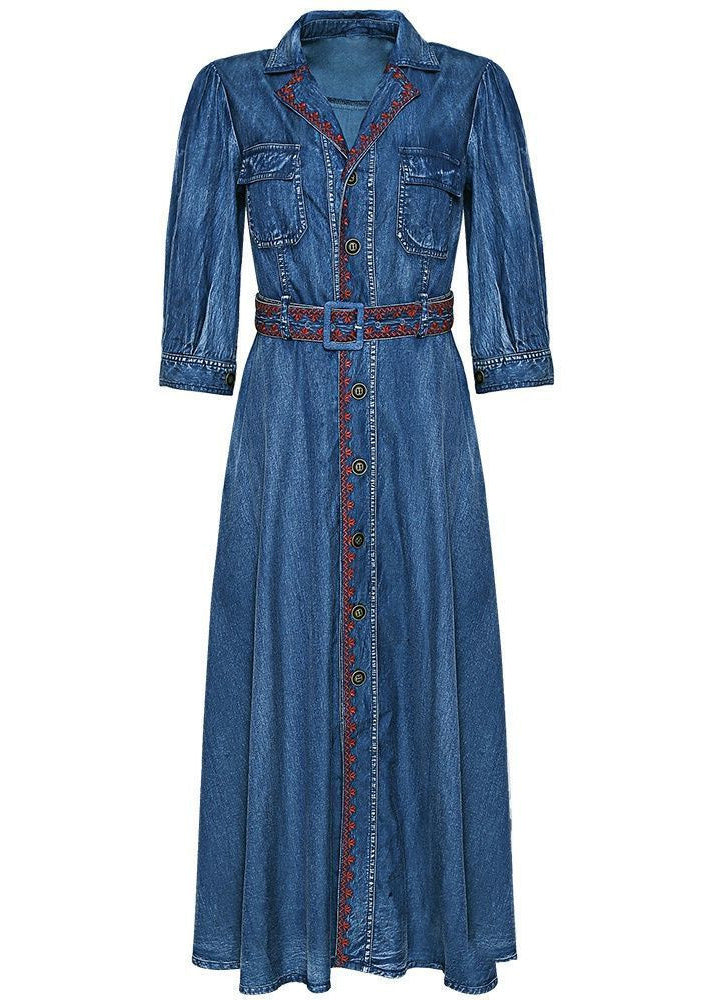 Blue Peter Pan Collar Button Sashes Embroideried Cotton Vacation Dresses Three Quarter Sleeve