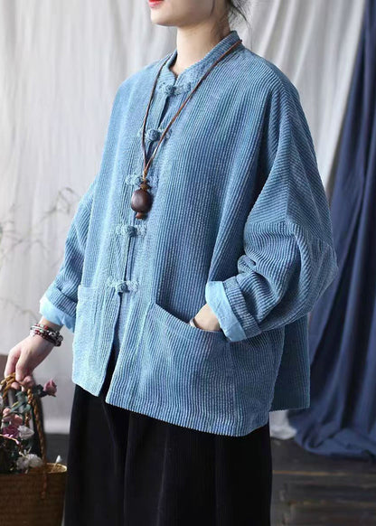 Blue Pockets Chinese Button Corduroy Jacket Spring