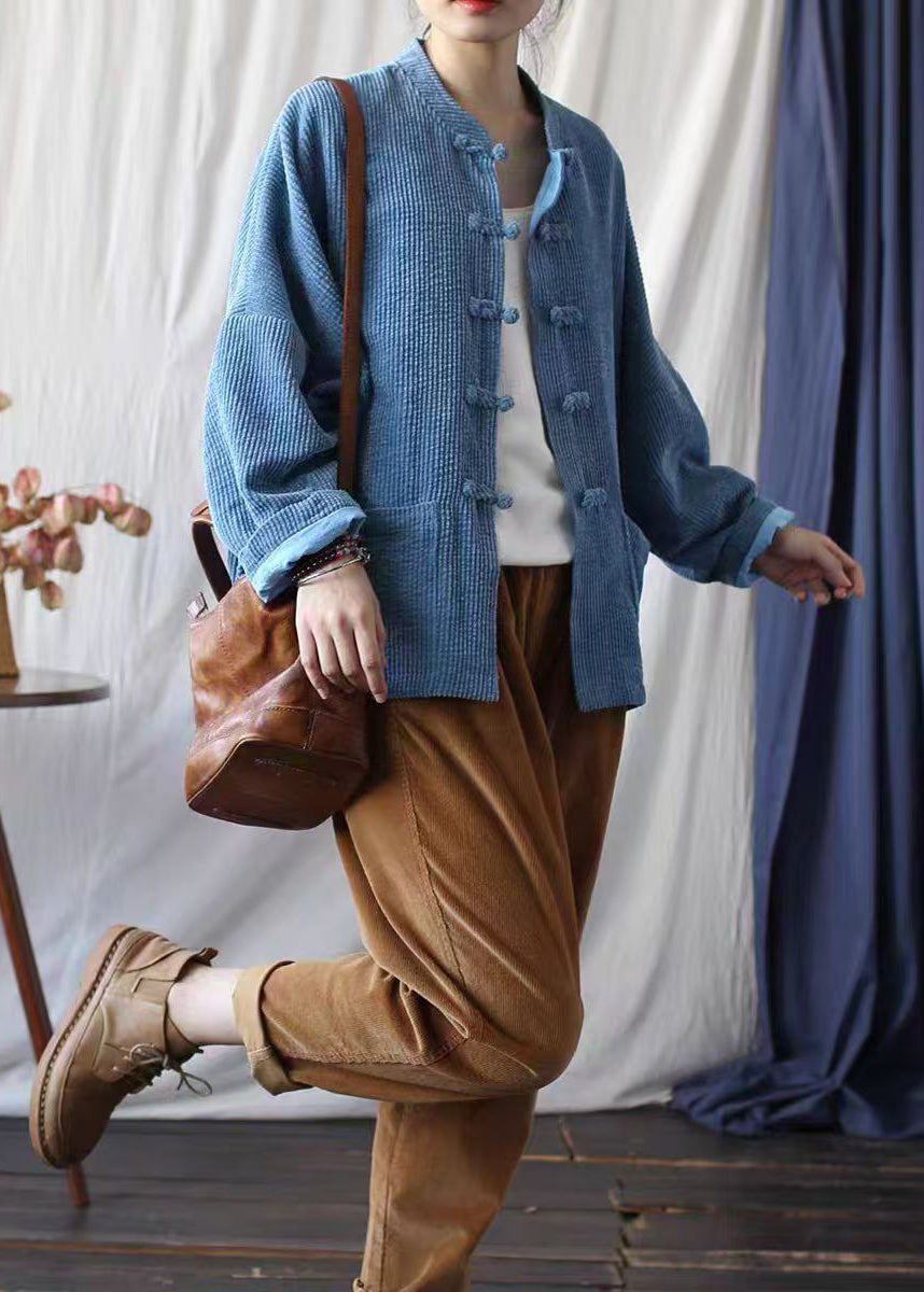 Blue Pockets Chinese Button Corduroy Jacket Spring