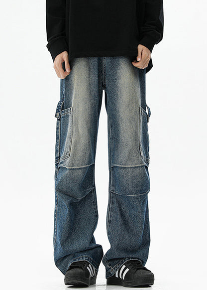 Blue Pockets High Waist Denim Pants Spring