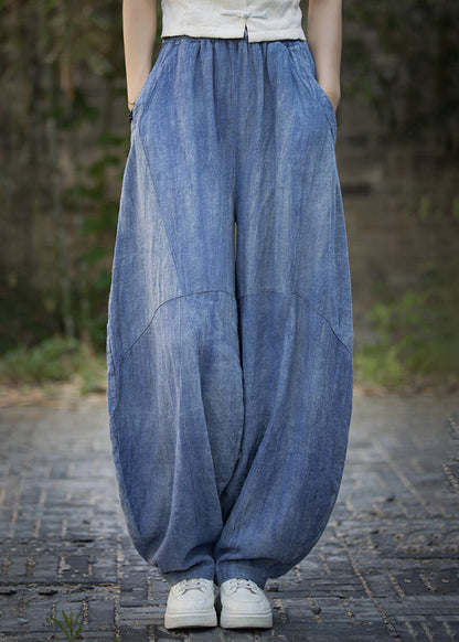Blue Pockets High Waist Linen Summer Pants