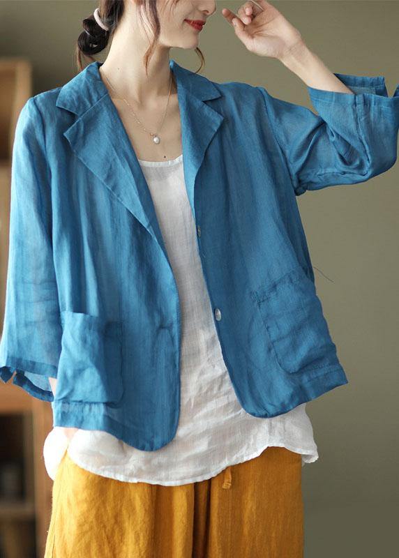 Vintage Blue Pockets Patchwork Coats Long Sleeve