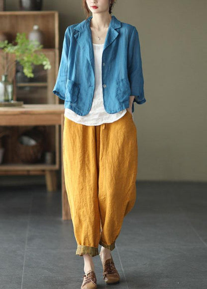 Vintage Blue Pockets Patchwork Coats Long Sleeve