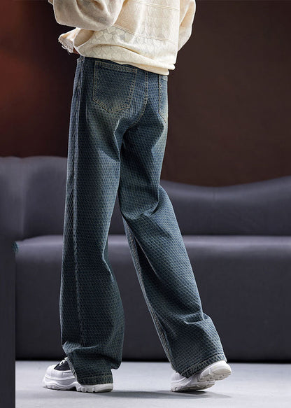 Blue Pockets Patchwork High Waist Cotton Straight Pants Fall