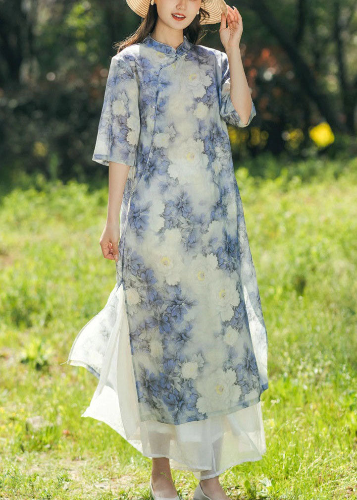 Blue Print Chinese Button Patchwork Linen Dresses Summer