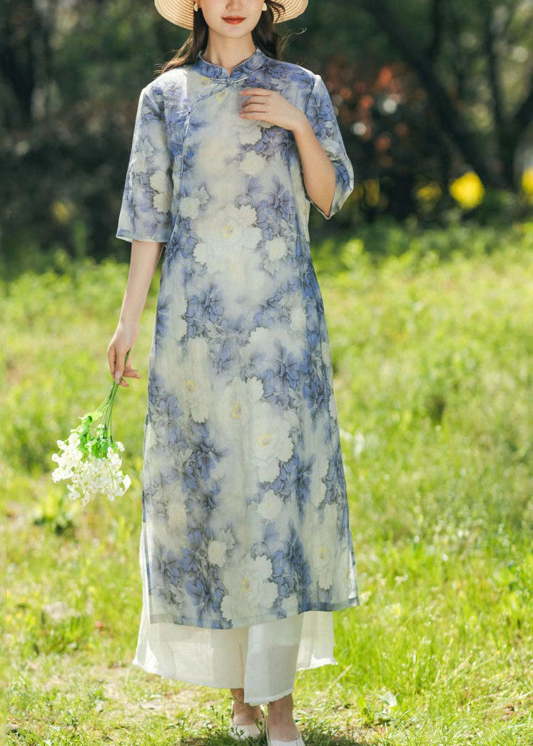 Blue Print Chinese Button Patchwork Linen Dresses Summer