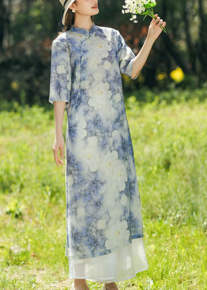 Blue Print Chinese Button Patchwork Linen Dresses Summer