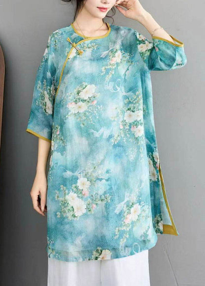 Blue Print Linen Top Half Sleeve