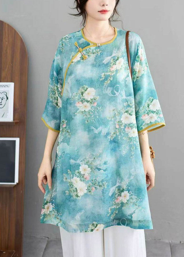 Blue Print Linen Top Half Sleeve