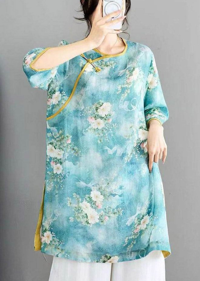 Blue Print Linen Top Half Sleeve