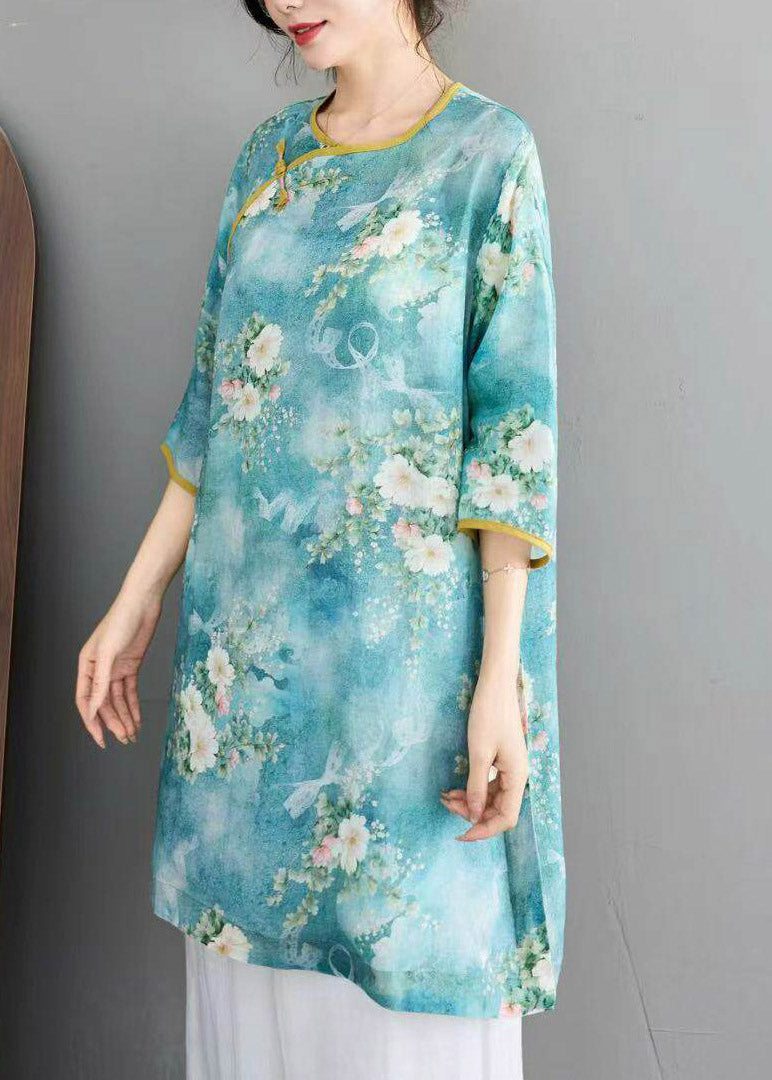 Blue Print Linen Top Half Sleeve