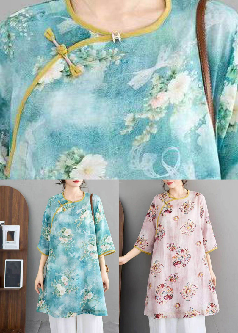 Blue Print Linen Top Half Sleeve