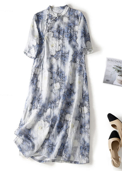 Blue Print Mandarin Collar Cotton Cheongsam Dresses Summer