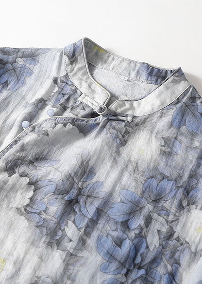 Blue Print Mandarin Collar Cotton Cheongsam Dresses Summer