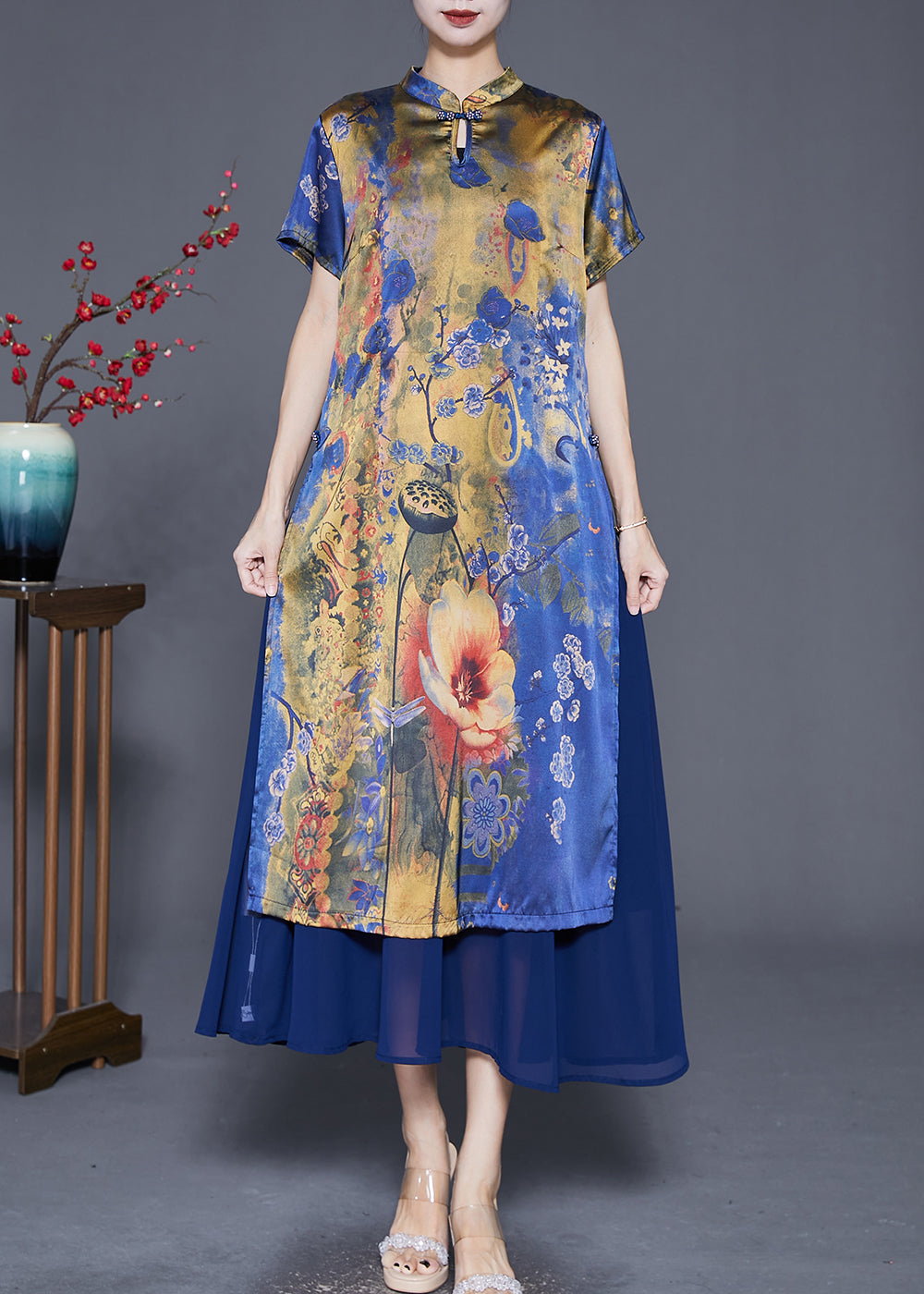 Blue Print Patchwork Silk Maxi Dresses Summer