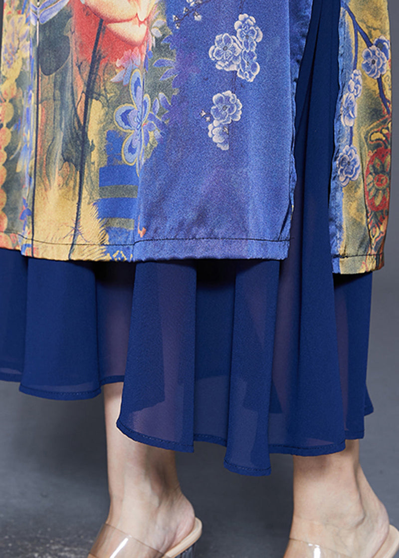 Blue Print Patchwork Silk Maxi Dresses Summer