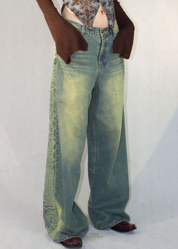 Blue Print Pockets High Waist Denim Pants Fall