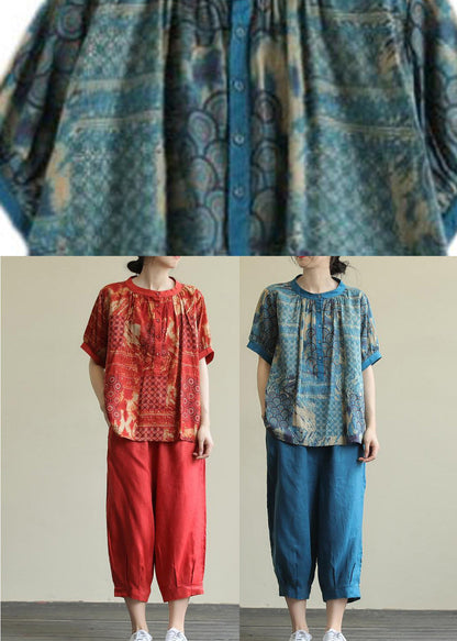 Blue Print Top and Harem Pants Two Piece Set Summer