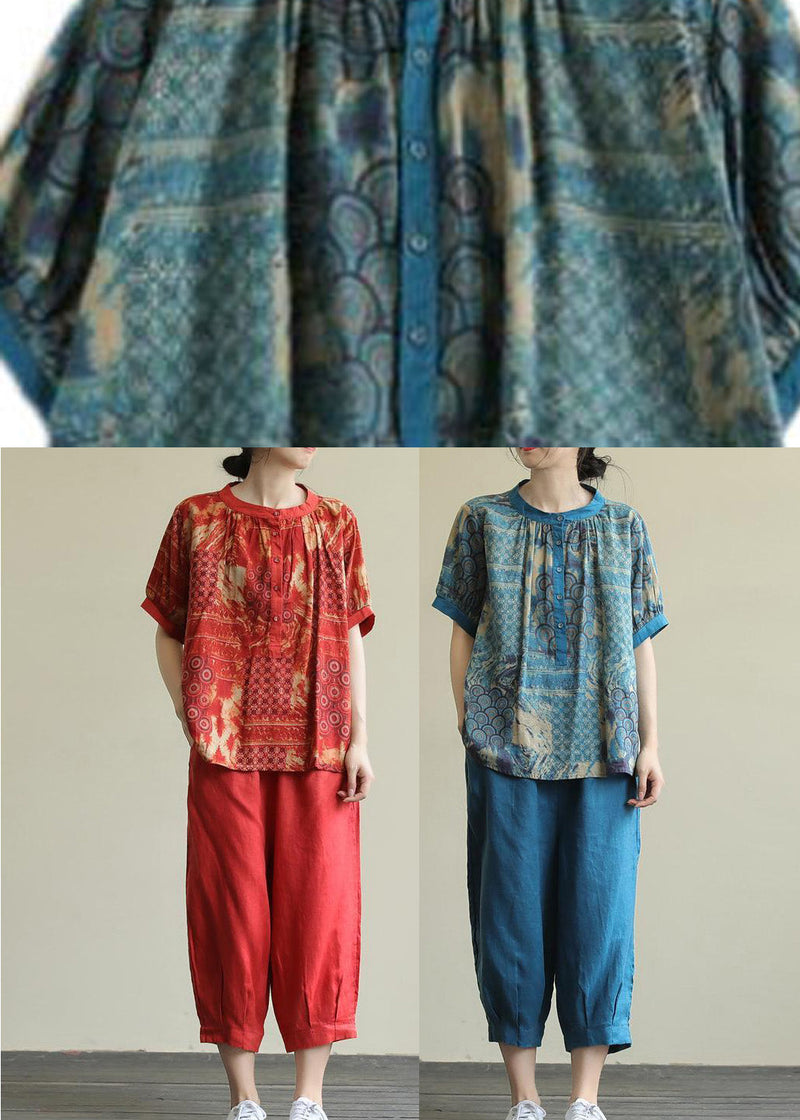 Blue Print Top and Harem Pants Two Piece Set Summer