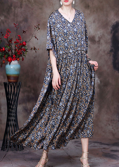 Blue Print V Neck Drawstring Silk Long Dresses for Half Sleeve
