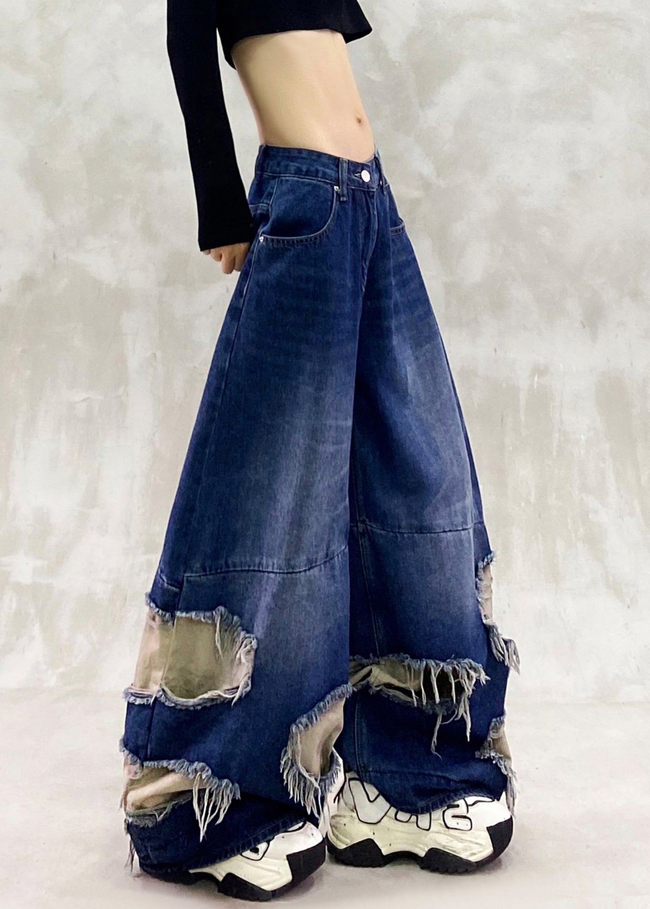 Blue Ripped Patchwork Denim Wide Leg Pants Spring