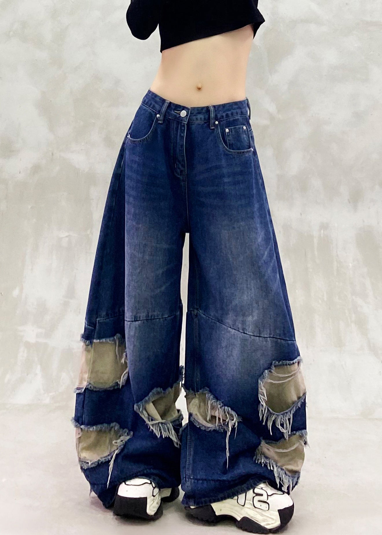 Blue Ripped Patchwork Denim Wide Leg Pants Spring