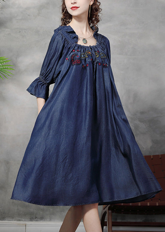 Blue Square Collar Embroideried Ruffled Patchwork Long Dresses Half Sleeve