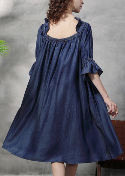 Blue Square Collar Embroideried Ruffled Patchwork Long Dresses Half Sleeve