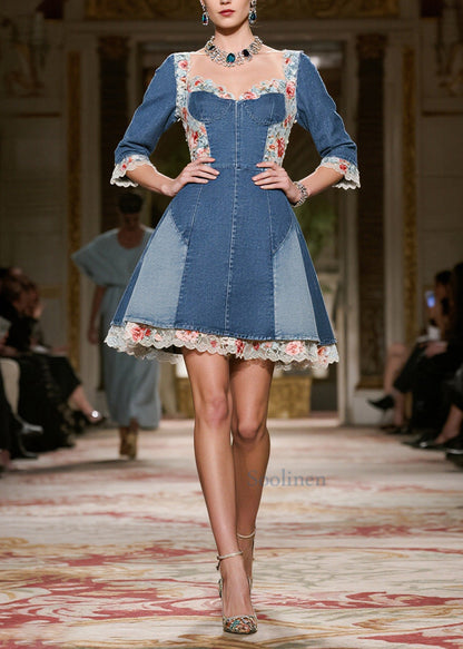 Blue Square Collar Lace Patchwork Denim Mini Dress Summer