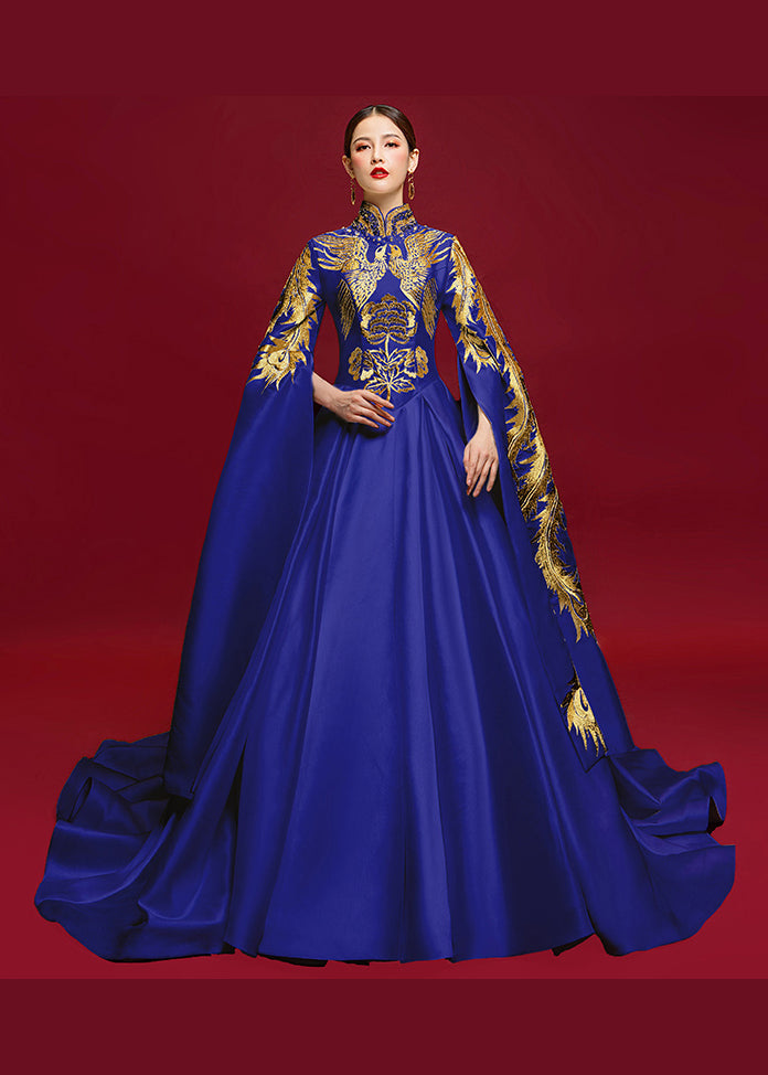 Blue Stand Collar Embroidered Patchwork Silk Dress Long Sleeve
