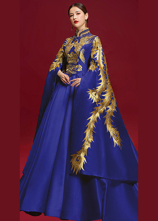 Blue Stand Collar Embroidered Patchwork Silk Dress Long Sleeve