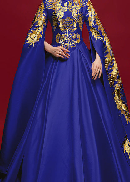 Blue Stand Collar Embroidered Patchwork Silk Dress Long Sleeve