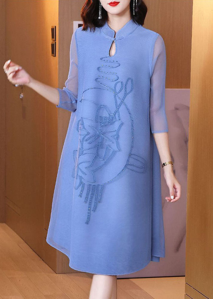 Blue Stand Collar Jacquard Wrinkled Mid Dress Bracelet Sleeve