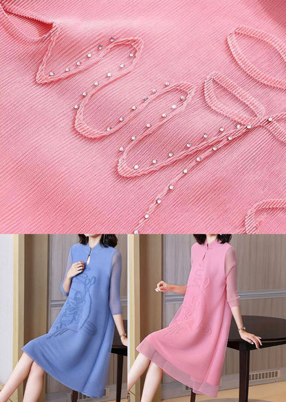 Blue Stand Collar Jacquard Wrinkled Mid Dress Bracelet Sleeve