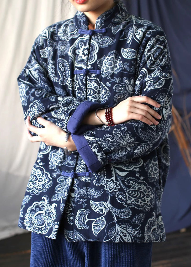 Blue Stand Collar Print Fine Cotton Filled Jackets Spring