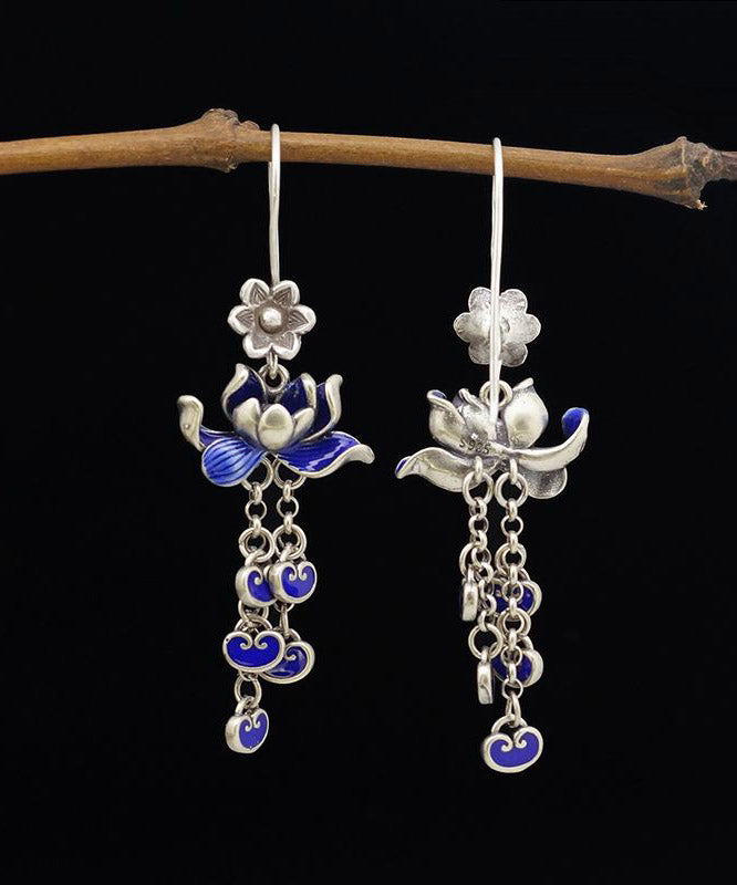Blue Sterling Silver Cloisonne Lotus Tassel Drop Earrings