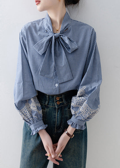 Vintage Blue Striped Bow Cotton Blouses Lantern Sleeve