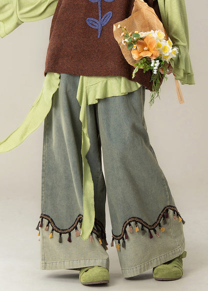 Blue Tasseled High Waist Patchwork Denim Wide Leg Pants Spring