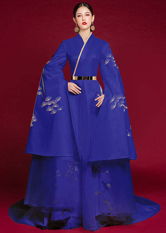 Blue V Neck Embroidered Patchwork Silk Dress Long Sleeve