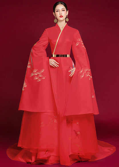 Blue V Neck Embroidered Patchwork Silk Dress Long Sleeve