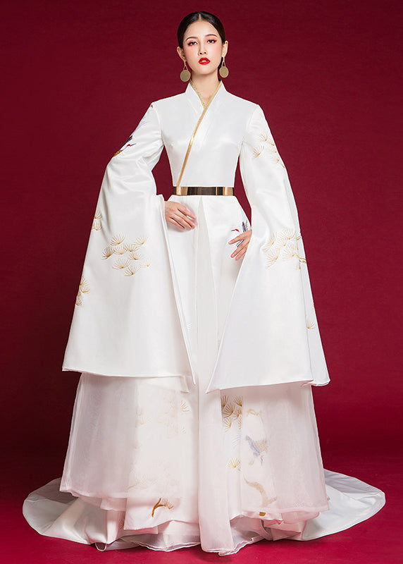 Blue V Neck Embroidered Patchwork Silk Dress Long Sleeve