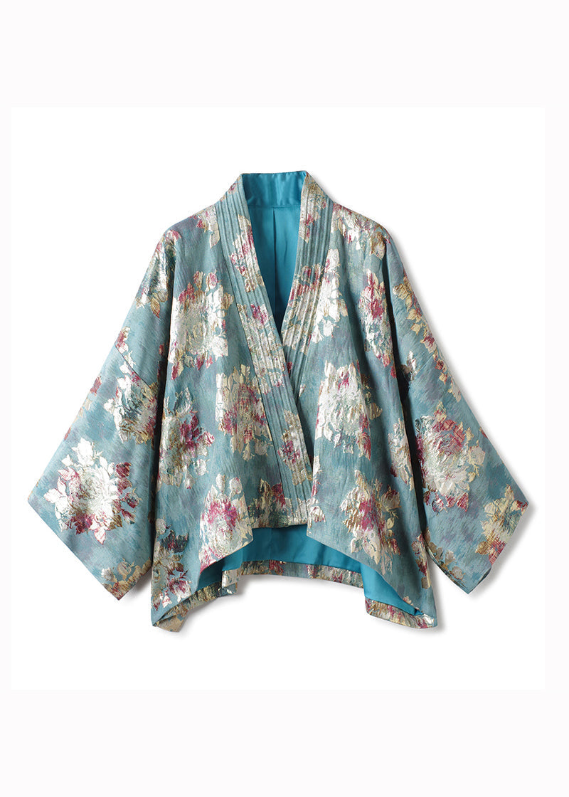 Blue V Neck Jacquard Patchwork Cotton Cardigan Fall