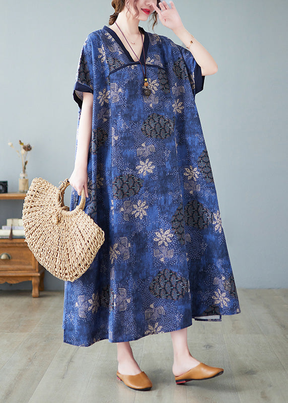 Blue V Neck Patchwork Long Dresses Summer