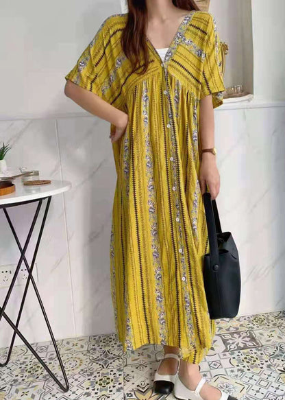 Blue V Neck Print Cotton Long Dresses Short Sleeve