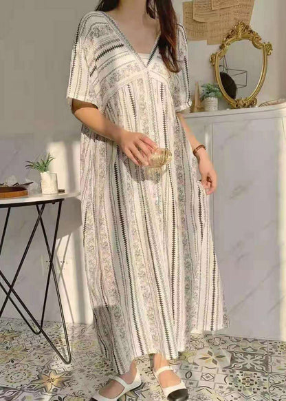 Blue V Neck Print Cotton Long Dresses Short Sleeve